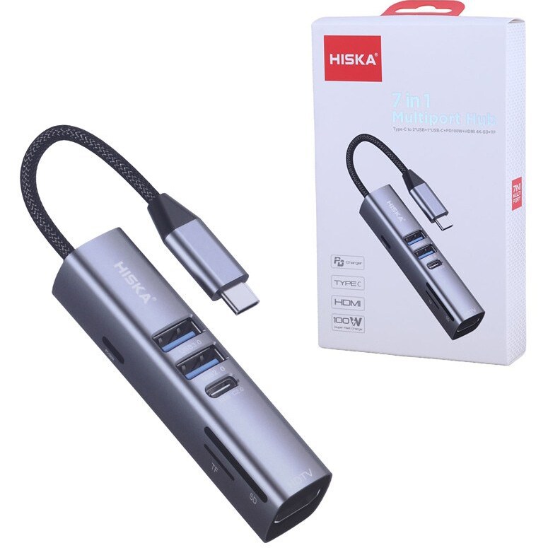 هاب ۷ پورت USB-C هیسکا مدل HR-53 - دارای خروجی HDMI و رم‌ریدر