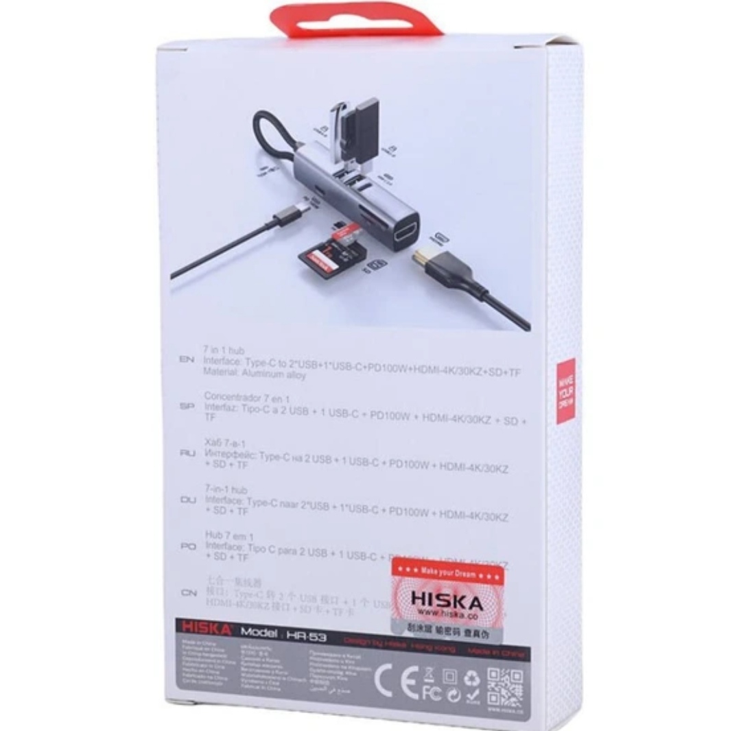 هاب ۷ پورت USB-C هیسکا مدل HR-53 - دارای خروجی HDMI و رم‌ریدر